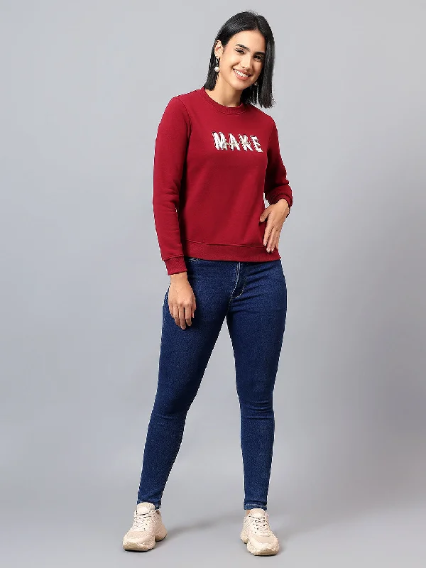 Women's Maroon Printed Round Neck Sweatshirt Hoodie with Toggle Buttons Decorative Unique Women's Maroon Printed Round Neck Sweatshirt Hoodie with Toggle Buttons Decorative Unique